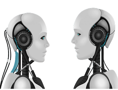 Two robot heads facing each other